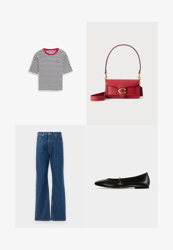Chemise à rayures horizontales bleu marine et blanches avec un col rond rouge et une petite broderie de cœur rouge sur le haut gauche de la poitrine.; Jean flare en denim bleu avec taille haute, comportant cinq poches, une fermeture à bouton en métal argenté et des accents de couture visibles.; Chaussure plate en cuir noir avec une petite chaîne dorée et un détail barre sur le dessus, bout arrondi et talon bas.; Sac à épaule en cuir rouge avec fermoir doré, bandoulière amovible et finition texturée sur fond blanc.