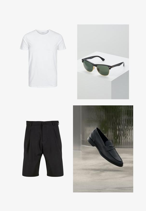T-shirt à col rond à manches courtes de couleur blanche unie, fabriqué en coton doux, avec un design simple sans motifs ni accents visibles.; Shorts noirs en tissu lisse avec une coupe ajustée, dotés d'une fermeture à bouton à l'avant, de plis et de poches latérales.; Mocassin en cuir noir à finition lisse, bout pointu et détails cousus sur le dessus. Talon bas et design minimaliste.; Lunettes de soleil Ray-Ban avec des verres verts, monture en plastique noir et accents dorés sur les bords. Forme carrée avec une finition mate.