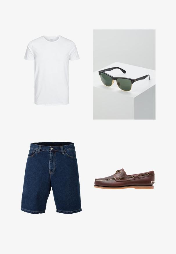 Ronde hals kortemouwen t-shirt in effen wit, gemaakt van zachte katoen, heeft een eenvoudig ontwerp zonder zichtbare patronen of accenten.; Denim shorts in donkerblauw met een rechte snit, reguliere tailleband en metalen knoopsluiting; heeft contrasterende gele stiksels en zoom.; Bruine leren bootschoen met witte stiksels, veterdetails en beige rubberen zool, zijaanzicht op een witte achtergrond.; Ray-Ban zonnebrillen met groene lenzen, zwarte plastic monturen en gouden accenten aan de randen. Vierkante vorm met een matte afwerking.