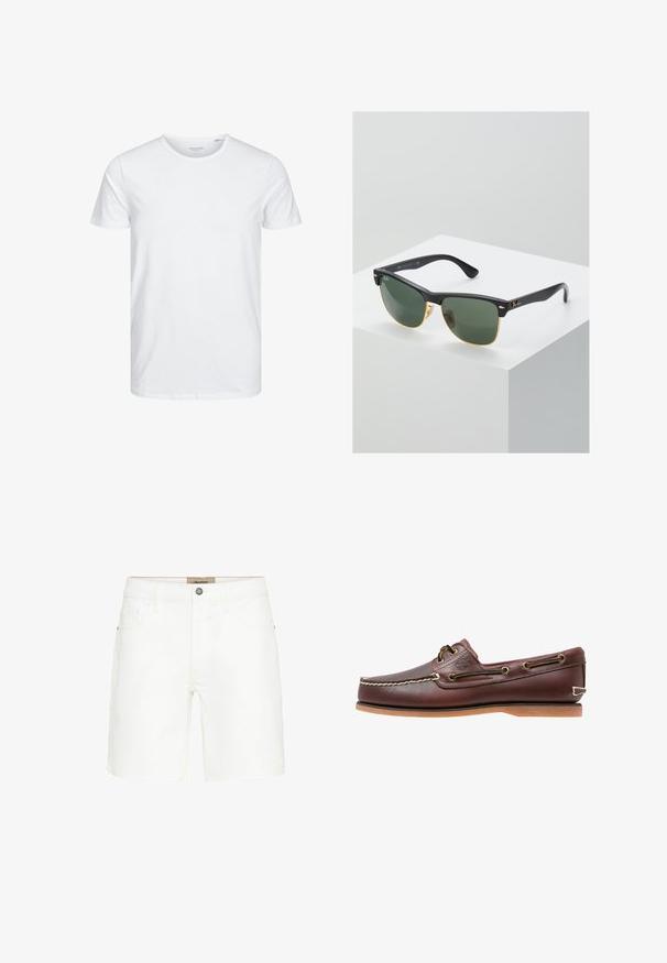 T-shirt à col rond à manches courtes de couleur blanche unie, fabriqué en coton doux, avec un design simple sans motifs ni accents visibles.; Shorts en denim blanc avec un design classique à cinq poches, fermeture à bouton en métal et détails de surpiqûres contrastants. Texture lisse et coupe droite.; Chaussure bateau en cuir marron avec coutures blanches, détails de lacets et semelle en caoutchouc beige, vue de côté sur fond blanc.; Lunettes de soleil Ray-Ban avec des verres verts, monture en plastique noir et accents dorés sur les bords. Forme carrée avec une finition mate.