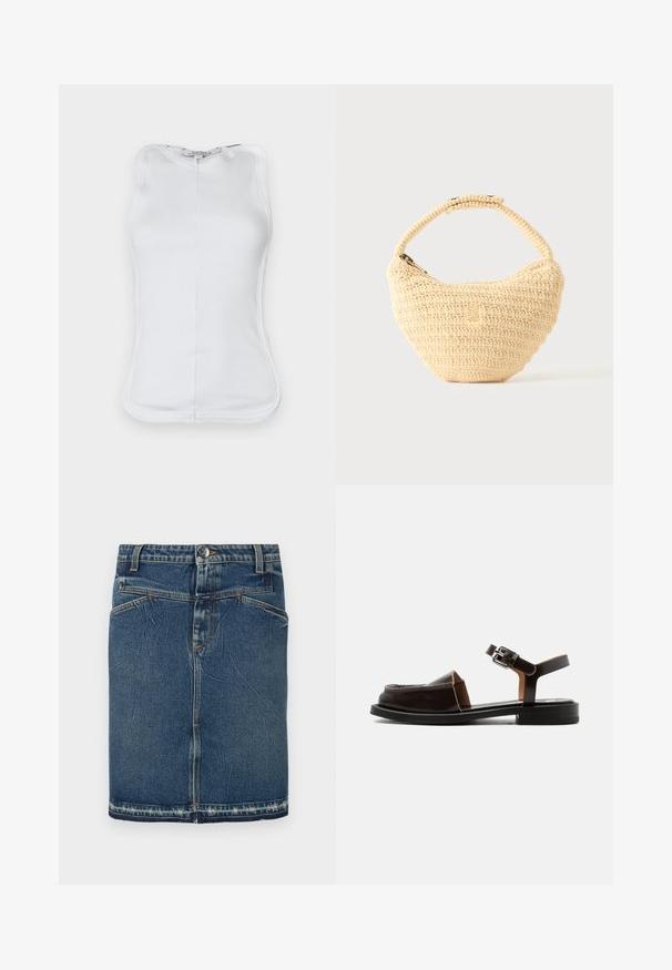 Witte mouwloze top van rib katoen, met een aansluitend ontwerp, afgeronde halslijn en zichtbare stiksels langs de zijkanten.; Denimrok met een klassieke blauwe wassing, vijfzakkenontwerp en rafelige zoom. Sluit met een knoop en ritssluiting aan de voorkant.; Donkerbruine leren platte sandaal met open teen, enkelbandje en zilveren gesp, lage hak en een gesloten bovenzijde met uitsnijdingen.; Beige geweven handtas met afgerond lichaam, ritssluiting en een korte, dikke band in een eenvoudige, gestructureerde haakstijl.