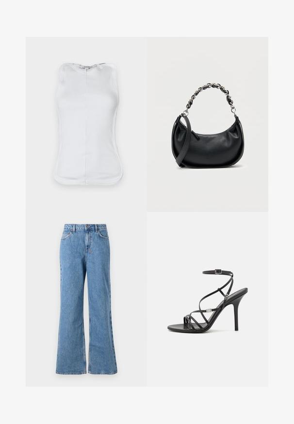 Hvid ærmeløs top lavet af ribbet bomulds-materiale, med et figursyet design, rund udskæring og synlige sømme langs siderne.; Lyseblå denim wide-leg jeans med høj talje, der har en knap- og lynlåslukning, forlommer og en slidt tekstur.; Sort højhælet sandal med tynde stropper, en ankelspænde, en glat læderoverflade og en slank stilethæl.; Sort læderhåndtaske med rundet form, dobbelt strop med en kraftig sølvkæde og en lynlåslukning øverst. Glat tekstur.