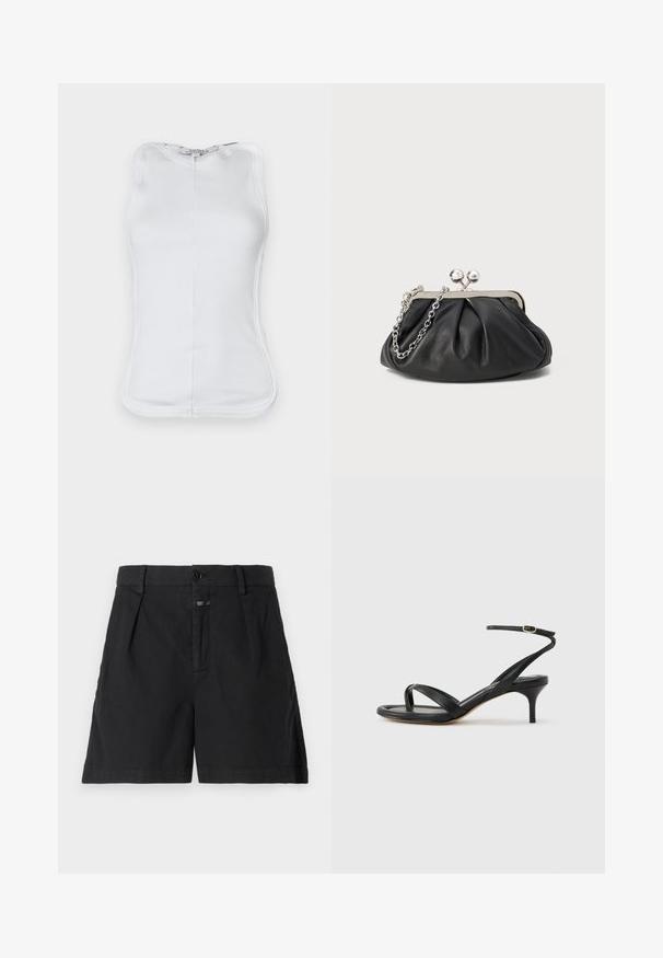 Top sans manches blanc en coton côtelé, présentant un design ajusté, un col rond et des coutures visibles sur les côtés.; CLOSED REVYL - Short en jean - black; Sandale pour femme en cuir noir avec fines lanières, une boucle d'orteil, une boucle à la cheville et un talon aiguille de hauteur moyenne sur un fond neutre.; Porte-monnaie en cuir noir avec texture froncée, cadre en métal argenté, fermeture à verrouillage kiss-lock et bandoulière en chaîne. Surface lisse et douce.
