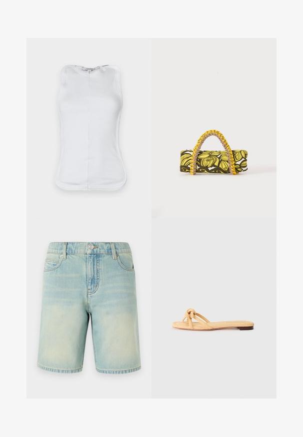 Weißes ärmelloses Top aus geripptem Baumwollmaterial, mit tailliertem Schnitt, rundem Halsausschnitt und sichtbaren Nähten an den Seiten.; Hellblaue Denim-Shorts mit einem verblassten Finish, ausgestattet mit einem Fünf-Taschen-Design, sichtbaren Nähten und einem Metallknopfverschluss am Bund.; Gelbe gewebte flache Sandale mit zwei überkreuzten Riemen, einem geknoteten Detail an der Vorderseite und einer niedrigen, braunen Sohle.; Rechteckige Tasche mit gelbem und schwarzem Blumenmuster und geflochtenem gelb-pinkem Griff auf weißem Hintergrund.