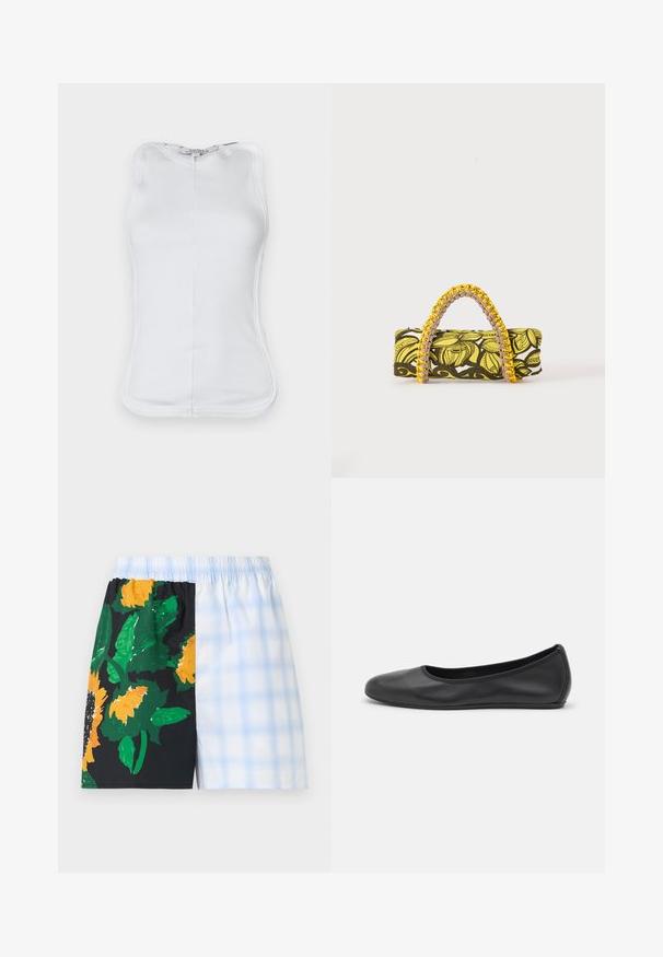 Top sans manches blanc en coton côtelé, présentant un design ajusté, un col rond et des coutures visibles sur les côtés.; Shorts à taille élastique avec design fendu : un côté noir avec de grandes tournesols jaunes et des feuilles vertes, l'autre côté à carreaux bleu clair et blanc.; Ballerines en cuir noir avec un bout rond, texture lisse, détails de couture minimalistes et design de semelle flexible.; Sac rectangulaire avec motif floral jaune et noir et anse tressée jaune et rose sur fond blanc.