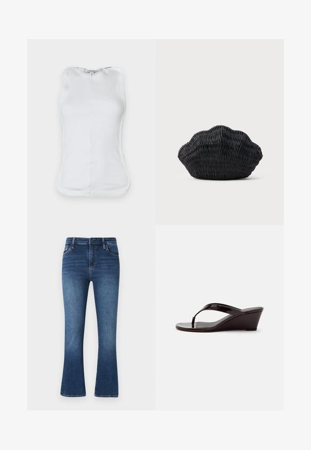 Top blanco sin mangas hecho de material de algodón acanalado, con un diseño ajustado, escote redondeado y costuras visibles a lo largo de los lados.; Jeans acampanados de color azul oscuro hechos de denim, con un diseño clásico de cinco bolsillos, presillas para cinturón y sutiles detalles de desgaste en la tela.; Sandalia de cuña de charol marrón con tira entre los dedos y punta abierta, mostrada de perfil sobre un fondo liso.; Bolso de mimbre negro con forma de concha de vieira con parte superior curva y textura tejida sobre un fondo liso.