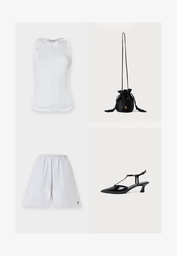 Top sans manches blanc en coton côtelé, présentant un design ajusté, un col rond et des coutures visibles sur les côtés.; Short blanc avec fines rayures verticales grises, taille élastique, et petit logo noir près de l'ourlet sur la jambe droite.; Chaussure slingback en cuir verni noir à bout pointu avec bride en T et petit talon bloc incliné sur fond blanc.; Sac seau noir à cordon avec une longue sangle fine et un petit logo carré doré sur le devant, présenté sur un fond uni.