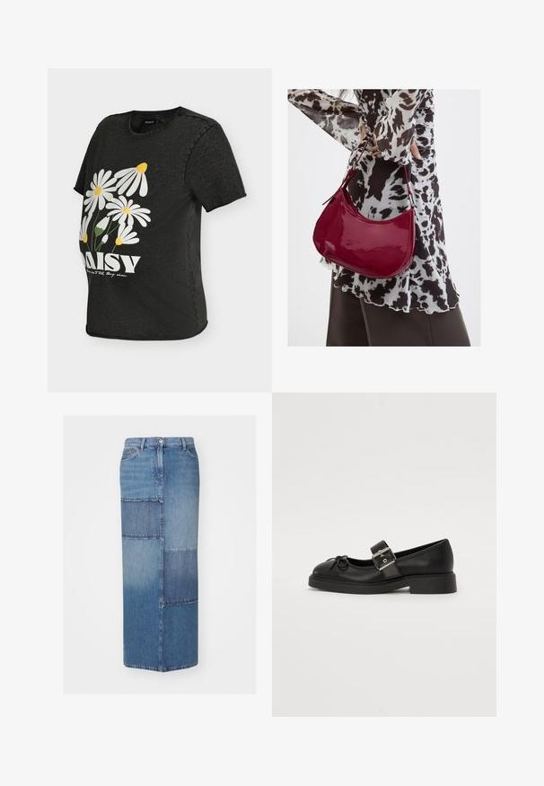 Sort kortærmet graviditetst-shirt med print af hvide og gule tusindfrydblomster og ordet "DAISY" på forsiden.; Jeansskørt med patchwork i forskellige nuancer af blå, med lige snit, høj talje og en ren kant.; Sort læder Mary Jane-sko med rund tå, ankelrem og sølv spænde detalje. Har en flad, chunky sål og en sløjfe akcent.; Kvinde iført en sort- og hvidmønstret bluse, der holder en blank rød skuldertaske mod en ensfarvet baggrund.