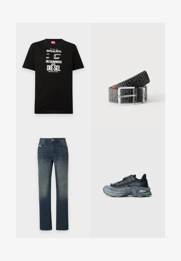 Zwart katoenen T-shirt met opvallende witte tekstgrafieken, waaronder "DIESEL" en "INDUSTRY", met een ronde hals en korte mouwen.; Blauwe denim jeans met rechte pijpen, een vervaagde wassing, knoop- en ritssluiting aan de voorkant, en een ontwerp met vijf zakken.; Zwarte en grijze Diesel sneakers met dikke zool, vetersluiting en gestructureerd ontwerp op een effen lichtgrijze achtergrond.; Zwarte Diesel-riem met grote witte logotekst, rechthoekige zilveren gesp en merkmetal lusdetail, opgerold op een lichte achtergrond.