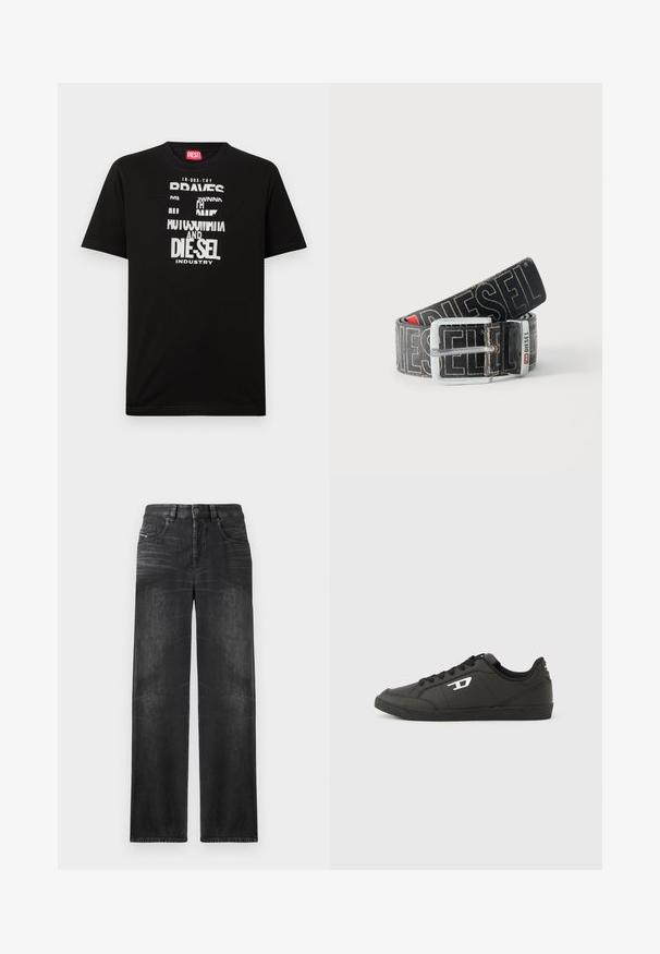 Schwarzes Baumwoll-T-Shirt mit kräftigen weißen Textgrafiken, darunter "DIESEL" und "INDUSTRY", mit rundem Halsausschnitt und kurzen Ärmeln.; Schwarze gerade Jeans aus Denim, mit fünf Taschen, Gürtelschlaufen und subtiler Ausbleichung des Stoffes für Textur.; Schwarze Sneakers aus synthetischem Material mit einer strukturierten schwarzen Sohle, rundem Zehenbereich und flachen schwarzen Schnürsenkeln. Auffälliges weißes Logo auf der Außenseite.; Schwarzer Diesel-Gürtel mit großem weißen Logotext, rechteckiger silberner Schnalle und gebrandetem Metallschlaufen-Detail, aufgewickelt auf hellem Hintergrund.