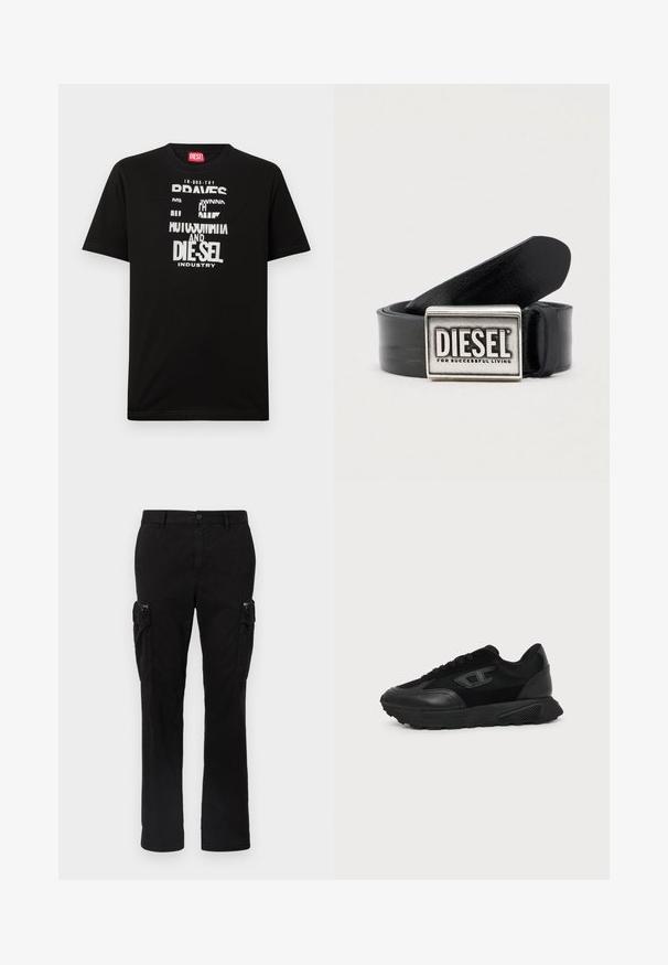 Zwart katoenen T-shirt met opvallende witte tekstgrafieken, waaronder "DIESEL" en "INDUSTRY", met een ronde hals en korte mouwen.; Zwarte cargobroek van katoen, met twee zijzakken, een rechte pijp en zichtbare stiksels op de naden.; Zwarte lage sneaker met een gestructureerde zool, mesh en leren bovenwerk, veters aan de voorkant en een klein reliëflogo op het zijpaneel.; Zwarte leren riem met een rechthoekige zilveren gesp met de merknaam "DIESEL" en de tekst "FOR SUCCESSFUL LIVING." Soepele textuur.
