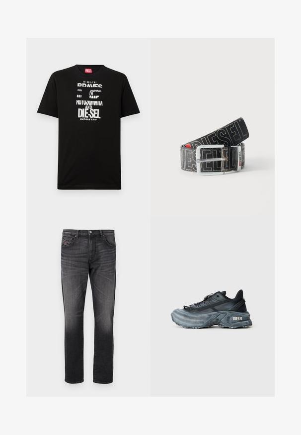 T-shirt noir en coton avec des graphismes textuels blancs audacieux, incluant "DIESEL" et "INDUSTRY", avec un col rond et des manches courtes.; Jean en denim noir avec une coupe droite, cinq poches, un léger délavage et une petite étiquette en tissu rouge sur la poche avant.; Baskets Diesel noires et grises avec semelle épaisse, système de laçage à bascule et design texturé sur fond gris clair uni.; Ceinture noire Diesel avec grand texte logo blanc, boucle rectangulaire en argent, et détail de boucle métallique brandée, enroulée sur un fond clair.