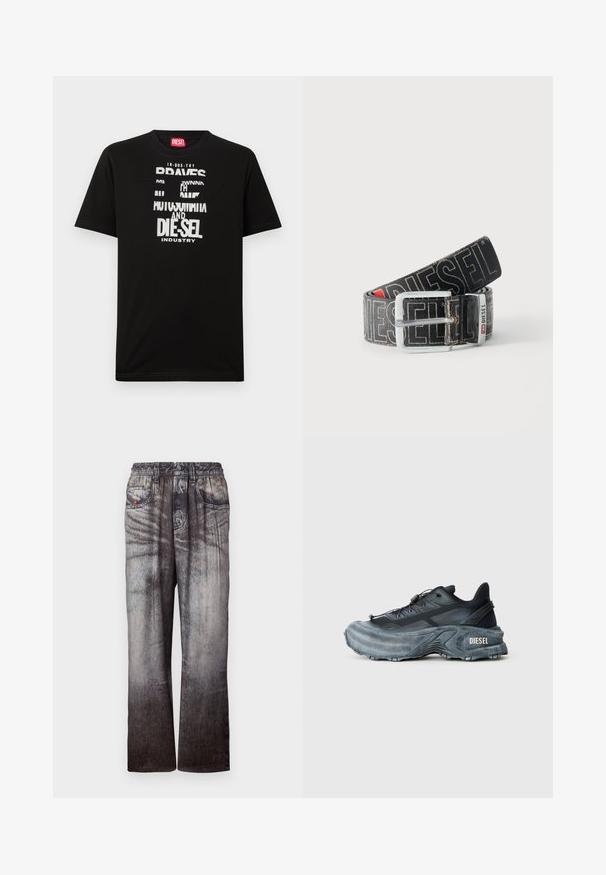 Schwarzes Baumwoll-T-Shirt mit kräftigen weißen Textgrafiken, darunter "DIESEL" und "INDUSTRY", mit rundem Halsausschnitt und kurzen Ärmeln.; Jeans mit einem verblassten Blau-zu-Grau-Gradient, elastischem Bund und seitlichen Taschen. Sie besitzen eine strukturierte Oberfläche mit subtilem Nähen.; Schwarz- und graue Diesel-Sneaker mit dicker Sohle, Schnürverschluss und strukturiertem Design auf einem schlichten hellgrauen Hintergrund.; Schwarzer Diesel-Gürtel mit großem weißen Logotext, rechteckiger silberner Schnalle und gebrandetem Metallschlaufen-Detail, aufgewickelt auf hellem Hintergrund.