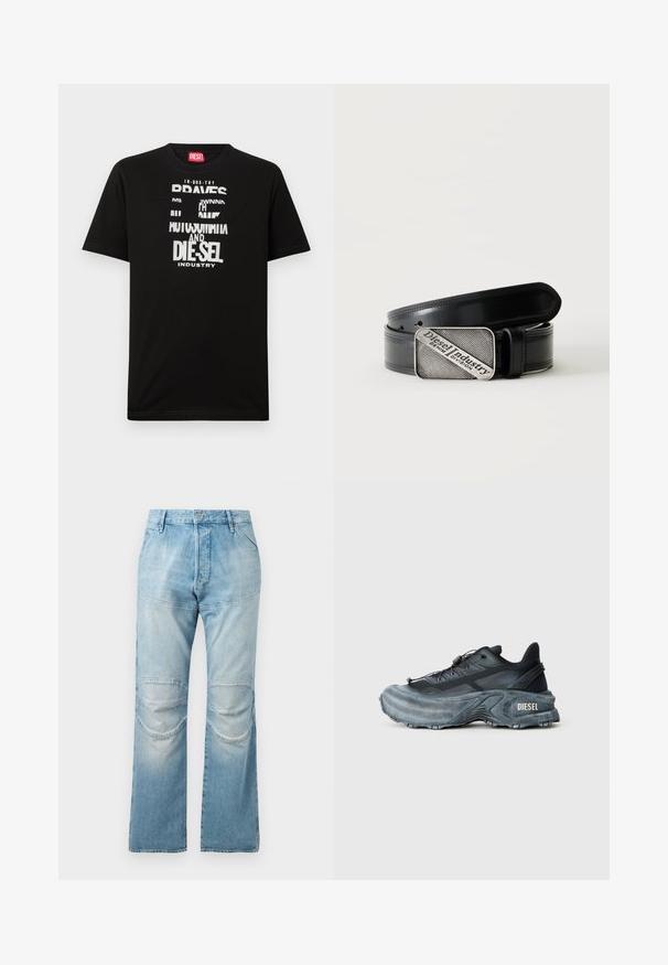Schwarzes Baumwoll-T-Shirt mit kräftigen weißen Textgrafiken, darunter "DIESEL" und "INDUSTRY", mit rundem Halsausschnitt und kurzen Ärmeln.; Helle blaue, hochgeschnittene Jeans mit geradem Schnitt, ausgestattet mit Knieflicken und einer ausgewaschenen Textur. Metallknopfverschluss an der Taille.; Schwarz- und graue Diesel-Sneaker mit dicker Sohle, Schnürverschluss und strukturiertem Design auf einem schlichten hellgrauen Hintergrund.; Schwarzer Ledergürtel mit rechteckiger silberner Schnalle, auf der der eingravierte Text "Diesel Industry Denim Division" steht, auf einem hell gestreiften Hintergrund.