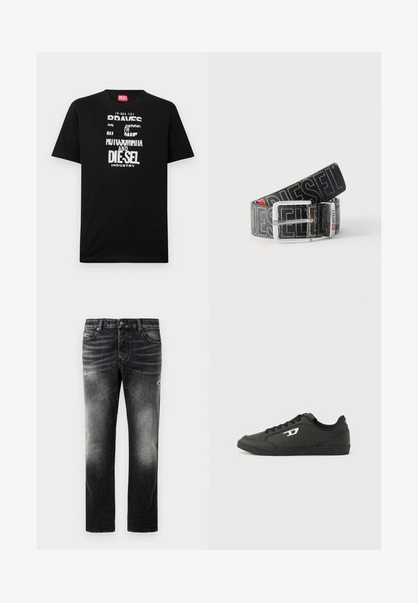 T-shirt noir en coton avec des graphismes textuels blancs audacieux, incluant "DIESEL" et "INDUSTRY", avec un col rond et des manches courtes.; Jean noir avec une finition délavée et des accents usés, design standard à cinq poches, et fermeture éclair. Fabriqué en tissu denim.; Baskets synthétiques noires avec une semelle noire texturée, un bout rond et des lacets plats noirs. Logo blanc remarquablement placé sur le côté extérieur.; Ceinture noire Diesel avec grand texte logo blanc, boucle rectangulaire en argent, et détail de boucle métallique brandée, enroulée sur un fond clair.