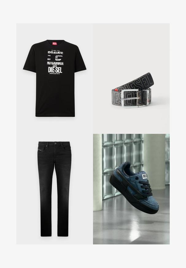Zwart katoenen T-shirt met opvallende witte tekstgrafieken, waaronder "DIESEL" en "INDUSTRY", met een ronde hals en korte mouwen.; Zwarte spijkerbroek van denim met een rechte snit, voorzien van voorzakken en een metalen knoopsluiting, met een gladde textuur en subtiele stiksels.; Blauwe en zwarte Diesel-sneaker met zwarte veters zwevend boven een grijze vloer nabij een glazen blokkenmuur en witte zuilen.; Zwarte Diesel-riem met grote witte logotekst, rechthoekige zilveren gesp en merkmetal lusdetail, opgerold op een lichte achtergrond.