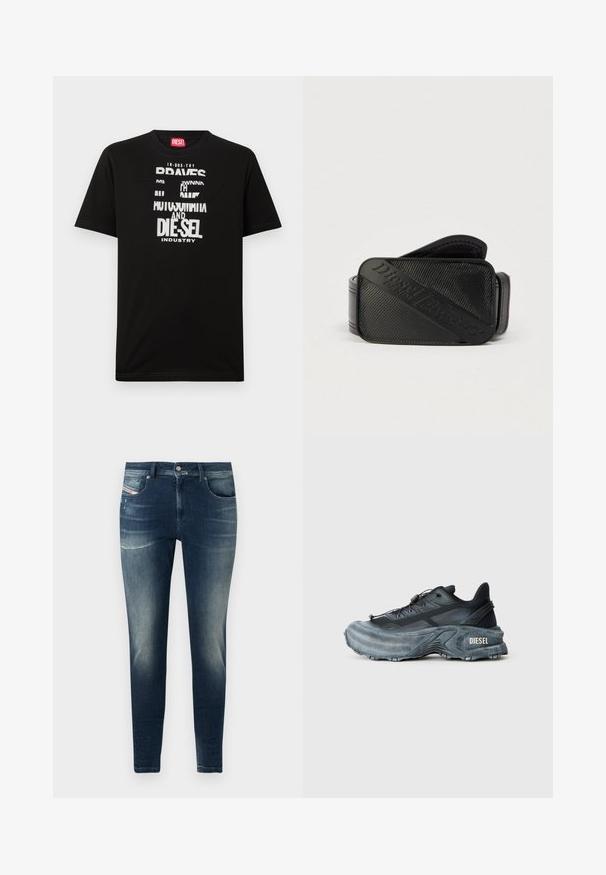 Sort bomulds-T-shirt med fed hvide tekstgrafik, herunder "DIESEL" og "INDUSTRY", med rund halsudskæring og korte ærmer.; Mørkeblå denimjeans med slim fit, der har en falmet vask, let slid, og klassisk fem-lomme-design.; Sort og grå Diesel sneakers med tyk sål, snørrebåndslukning og tekstureret design på en ensfarvet lysegrå baggrund.; Sort bælte med et struktureret design og et fremtrædende præget logo. Materialet virker glat med en læderlignende finish.