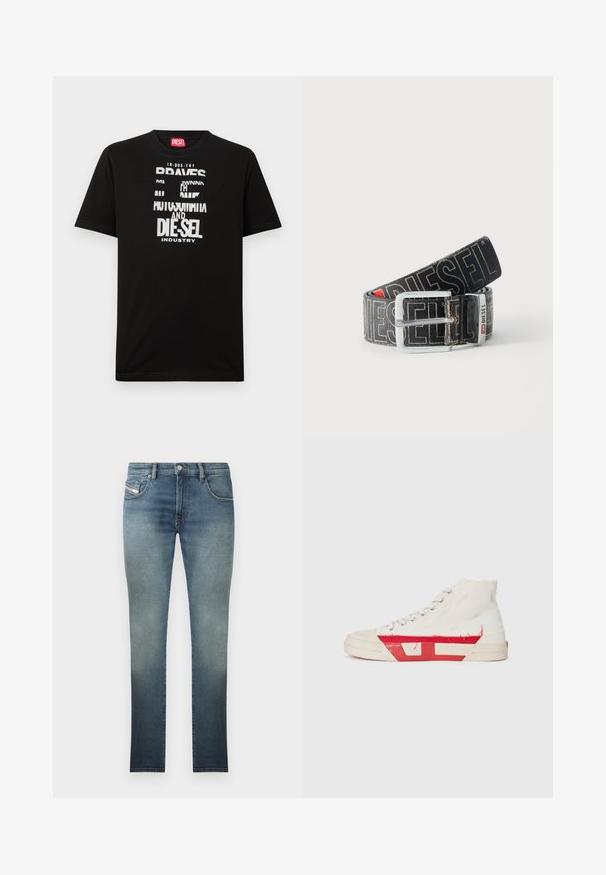 Schwarzes Baumwoll-T-Shirt mit kräftigen weißen Textgrafiken, darunter "DIESEL" und "INDUSTRY", mit rundem Halsausschnitt und kurzen Ärmeln.; Slim-Fit Jeans in einer ausgewaschenen blauen Waschung, mit einem Fünf-Taschen-Design, Metallknopfverschluss und Kontrastnähten. Leicht verwaschene Textur.; Hoch oben Sneakers mit einem weißen Canvas-Obermaterial, roten Gummiakzenten und einem fransigen Saumdetail, silbernen Ösen und einer strukturierten Sohle.; Schwarzer Diesel-Gürtel mit großem weißen Logotext, rechteckiger silberner Schnalle und gebrandetem Metallschlaufen-Detail, aufgewickelt auf hellem Hintergrund.