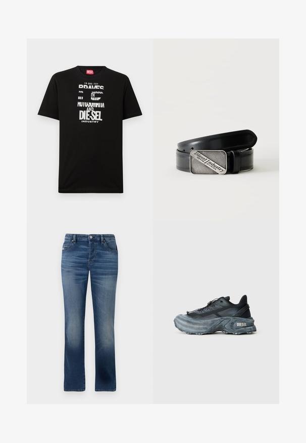 Sort bomulds-T-shirt med fed hvide tekstgrafik, herunder "DIESEL" og "INDUSTRY", med rund halsudskæring og korte ærmer.; Mørkeblå denimbukser med lige ben-design, der har frontlommer, diskret falming og en klassisk knaplukning i taljen.; Sort og grå Diesel sneakers med tyk sål, snørrebåndslukning og tekstureret design på en ensfarvet lysegrå baggrund.; Sort læderbælte med rektangulært sølvspænde med indgraveret teksten "Diesel Industry Denim Division" på en lysstribet baggrund.