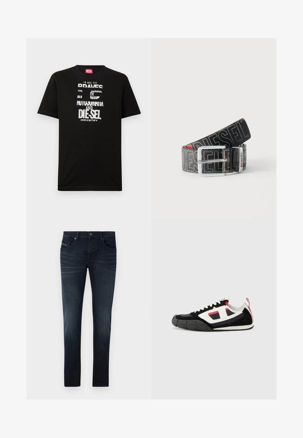 Μαύρο βαμβακερό T-shirt με έντονα λευκά γραφικά κειμένου, συμπεριλαμβανομένων των λέξεων "DIESEL" και "INDUSTRY", με στρογγυλή λαιμόκοψη και κοντά μανίκια.; Σκούρες μπλε τζιν παντελόνες με εφαρμογή slim, διαθέτοντας πέντε τσέπες, διακριτική φθορά και μεταλλικό κούμπωμα στη μέση.; Diesel S PAGODHA LOW - Αθλητικά παπούτσια - black; Μαύρη ζώνη Diesel με μεγάλο λευκό λογότυπο, ορθογώνια ασημένια αγκράφα και μεταλλική λεπτομέρεια με χαρακτηριστικό σήμα, τυλιγμένη σε ανοιχτό φόντο.