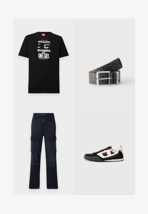 Sort bomulds-T-shirt med fed hvide tekstgrafik, herunder "DIESEL" og "INDUSTRY", med rund halsudskæring og korte ærmer.; Mørke denim cargo bukser med en afslappet pasform, der har to sidelommer, knæpaneler og kontrastsyning. Metallic knaplukning i taljen.; Diesel S PAGODHA LOW - Sneakers - black; Sort Diesel-bælte med stor hvid logo tekst, rektangulært sølvspænde og brandet metal-loop detalje, rullet sammen på en lys baggrund.