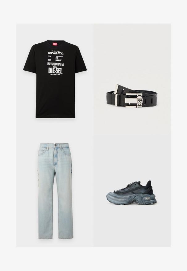 T-shirt noir en coton avec des graphismes textuels blancs audacieux, incluant "DIESEL" et "INDUSTRY", avec un col rond et des manches courtes.; Jean cargo en denim bleu clair avec une coupe droite, doté de deux poches latérales et d'une fermeture à bouton. Un léger délavage ajoute un aspect texturé.; Baskets Diesel noires et grises avec semelle épaisse, système de laçage à bascule et design texturé sur fond gris clair uni.; Ceinture en cuir noir avec boucle métallique argentée portant le mot "DIESEL." La ceinture comporte plusieurs trous d'ajustement tout au long de sa longueur.