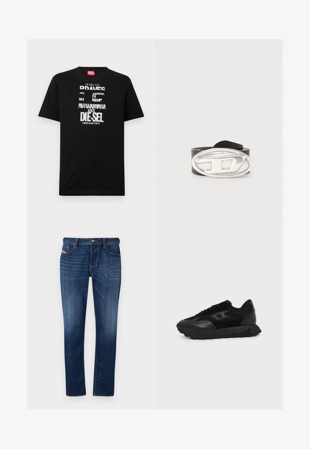 Sort bomulds-T-shirt med fed hvide tekstgrafik, herunder "DIESEL" og "INDUSTRY", med rund halsudskæring og korte ærmer.; Mørkeblå denim jeans med lige pasform, udstyret med fem lomme-designet, synlige syninger og en metalknaplukning i taljen.; Sort lavt snøresko med struktureret sål, mesh- og læderoverdel, snørebånd foran og et lille præget logo på sidepanelet.; Sort læderbælte rullet sammen med en stor oval sølvspænde, der har et hævet stiliseret "D"-design.