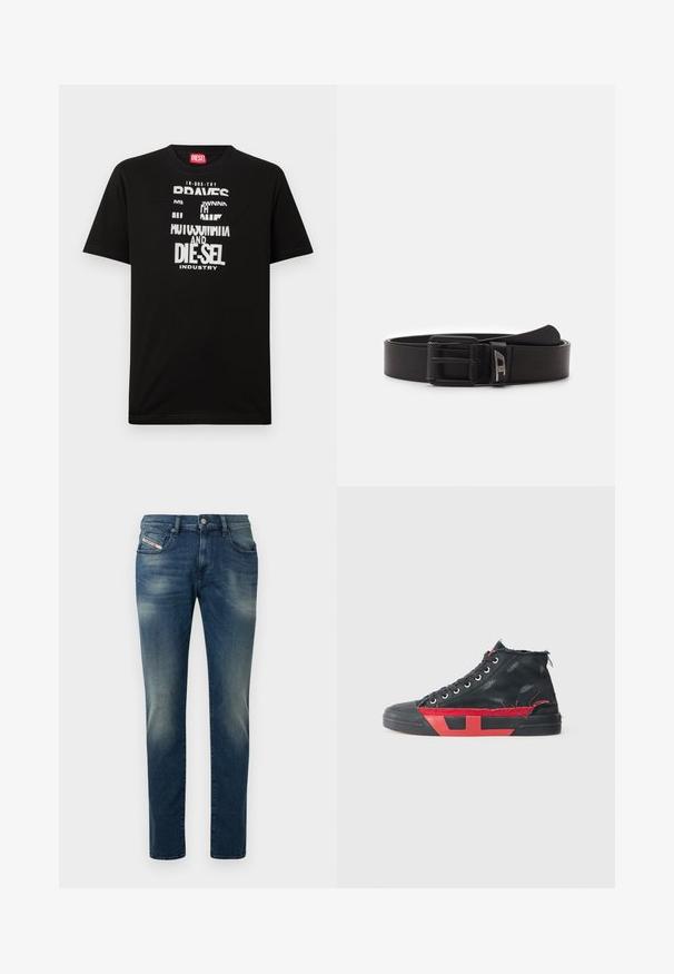 Μαύρο βαμβακερό T-shirt με έντονα λευκά γραφικά κειμένου, συμπεριλαμβανομένων των λέξεων "DIESEL" και "INDUSTRY", με στρογγυλή λαιμόκοψη και κοντά μανίκια.; Σκούρο μπλε τζιν με ξεθωριασμένο πλύσιμο, ίσια γραμμή και ελαφρώς φθαρμένο γόνατο. Διαθέτει μπροστινές τσέπες και κλείσιμο με μεταλλικό κουμπί.; Μαύρο ψηλό αθλητικό παπούτσι με κόκκινες λεπτομέρειες και φθαρμένη επιφάνεια. Διαθέτει υφασμάτινο επάνω μέρος με υφή και λάστιχο σόλα με κομμένη σχεδίαση.; Diesel DAVE - Ζώνη - t8013