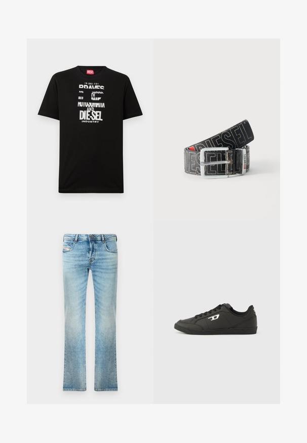 Sort bomulds-T-shirt med fed hvide tekstgrafik, herunder "DIESEL" og "INDUSTRY", med rund halsudskæring og korte ærmer.; Lysblå denimjeans med lige ben, femlommesdesign og let slid. Inkluderer metalknap og lynlås lukning.; Sorte syntetiske sneakers med en struktureret sort sål, rund tå og flade sorte snørebånd. Fremtrædende hvidt logo på ydersiden.; Sort Diesel-bælte med stor hvid logo tekst, rektangulært sølvspænde og brandet metal-loop detalje, rullet sammen på en lys baggrund.