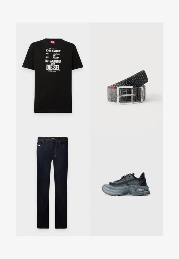 Schwarzes Baumwoll-T-Shirt mit kräftigen weißen Textgrafiken, darunter "DIESEL" und "INDUSTRY", mit rundem Halsausschnitt und kurzen Ärmeln.; Dunkelblaue Jeans aus Denim mit gerader Passform, die fünf Taschen, kontrastierende Nähte und einen Metallknopfverschluss aufweisen.; Schwarz- und graue Diesel-Sneaker mit dicker Sohle, Schnürverschluss und strukturiertem Design auf einem schlichten hellgrauen Hintergrund.; Schwarzer Diesel-Gürtel mit großem weißen Logotext, rechteckiger silberner Schnalle und gebrandetem Metallschlaufen-Detail, aufgewickelt auf hellem Hintergrund.