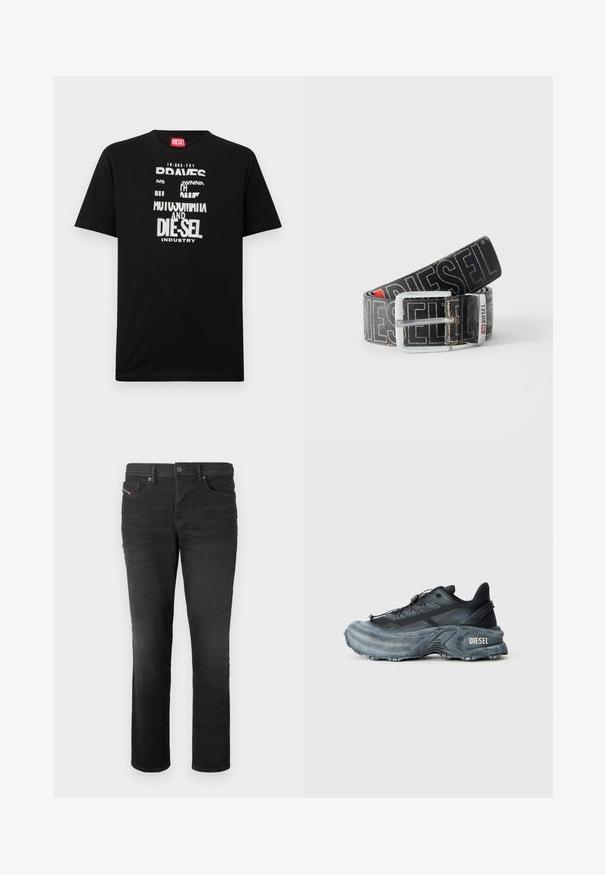 Schwarzes Baumwoll-T-Shirt mit kräftigen weißen Textgrafiken, darunter "DIESEL" und "INDUSTRY", mit rundem Halsausschnitt und kurzen Ärmeln.; Schwarze Denim-Jeans mit geradem Bein, ausgestattet mit fünf Taschen, einem Knopfverschluss und subtilen Nähdetails auf der Vorderseite.; Schwarz- und graue Diesel-Sneaker mit dicker Sohle, Schnürverschluss und strukturiertem Design auf einem schlichten hellgrauen Hintergrund.; Schwarzer Diesel-Gürtel mit großem weißen Logotext, rechteckiger silberner Schnalle und gebrandetem Metallschlaufen-Detail, aufgewickelt auf hellem Hintergrund.