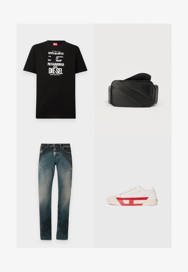 T-shirt noir en coton avec des graphismes textuels blancs audacieux, incluant "DIESEL" et "INDUSTRY", avec un col rond et des manches courtes.; Jeans en denim slim-fit bleu délavé avec un léger effet usé et des détails de moustaches, présentant des poches avant et arrière ainsi que des passants de ceinture.; Baskets en toile avec un dessus blanc, des accents en caoutchouc rouge et un design texturé. Elles présentent une tête arrondie et cinq œillets pour les lacets.; Ceinture noire présentant un design texturé avec un logo en relief bien visible. Le matériau semble lisse avec une finition en cuir.