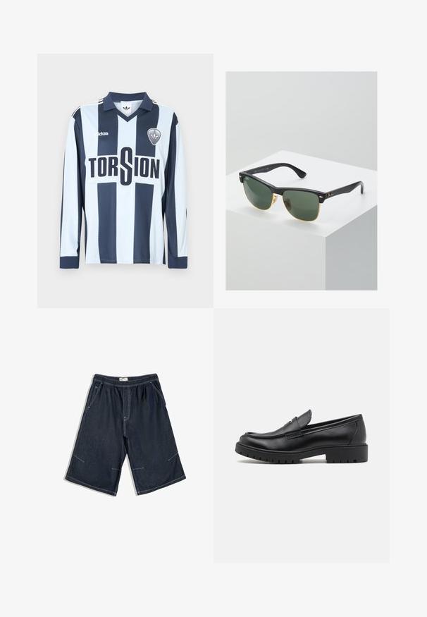 Maillot de football à manches longues présentant des rayures verticales bleu clair et bleu foncé, col avec col, et graphique "TORSION" en noir gras.; Short en jean bleu foncé longueur genou avec une taille élastique, des coutures blanches et des poches latérales, posé à plat sur un fond blanc.; Mocassins en cuir noir avec un bout arrondi, un design à enfiler et une semelle en caoutchouc épaisse avec une texture antidérapante. Talon surélevé et détails de surpiqûre subtils.; Lunettes de soleil Ray-Ban avec des verres verts, monture en plastique noir et accents dorés sur les bords. Forme carrée avec une finition mate.