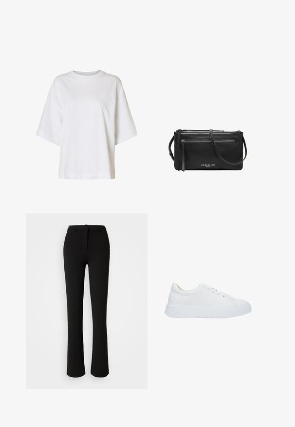 Loszittend wit T-shirt met korte mouwen, verlaagde schouders en een ronde hals op een effen achtergrond.; Zwarte broek gemaakt van een gladde stof, met een recht model, voorzakken en een standaard tailleband met een riemlus.; Witte leren sneakers met een ronde neus, platte veters en een dikke rubberen zool. Gladde textuur met minimale stikseldetails.; Zwarte leren crossbodytas met twee ritssluitingen, een slank ontwerp en een schouderriem met kwastaccenten. Merkenlogo zichtbaar.
