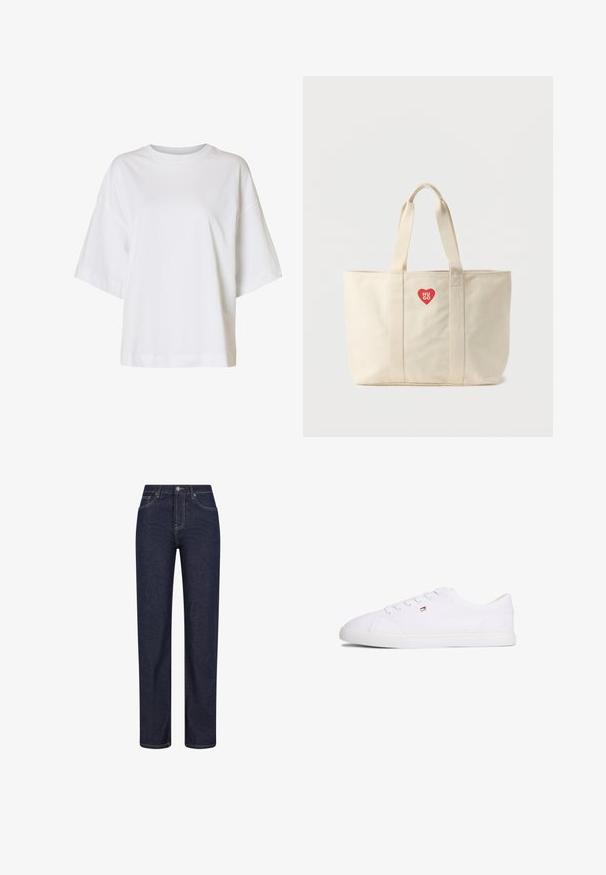 Loszittend wit T-shirt met korte mouwen, verlaagde schouders en een ronde hals op een effen achtergrond.; Donkerblauwe jeans met rechte pijpen, voorzakken, riemlussen en een knoopsluiting in de taille.; Witte lage sneaker met vetersluiting en een klein rood-wit-blauw logo aan de zijkant, platte rubberen zool.; Crèmekleurige canvas tas met dubbele schouderbanden en een klein rood hartlogo met de tekst "HUGO" in het midden aan de voorkant.