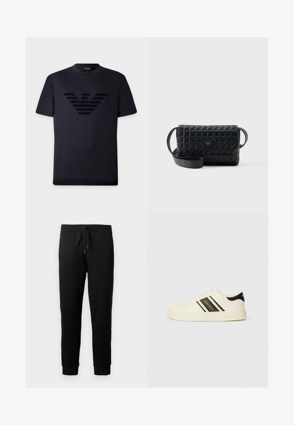 T-shirt noir à manches courtes col rond avec un grand logo d'aigle en relief composé de petits motifs sur la poitrine.; Pantalons de jogging noirs en tissu doux avec une taille élastique et un cordon de serrage. Présente des jambes fuselées avec des poignets côtelés.; Baskets en cuir beige avec des rayures noires et blanches, bout rond, semelle en caoutchouc plate, et détail logo sur le côté et le talon.; Sac bandoulière noir texturé avec une fermeture à rabat et un petit logo en métal sur le devant, présenté sur un fond uni.