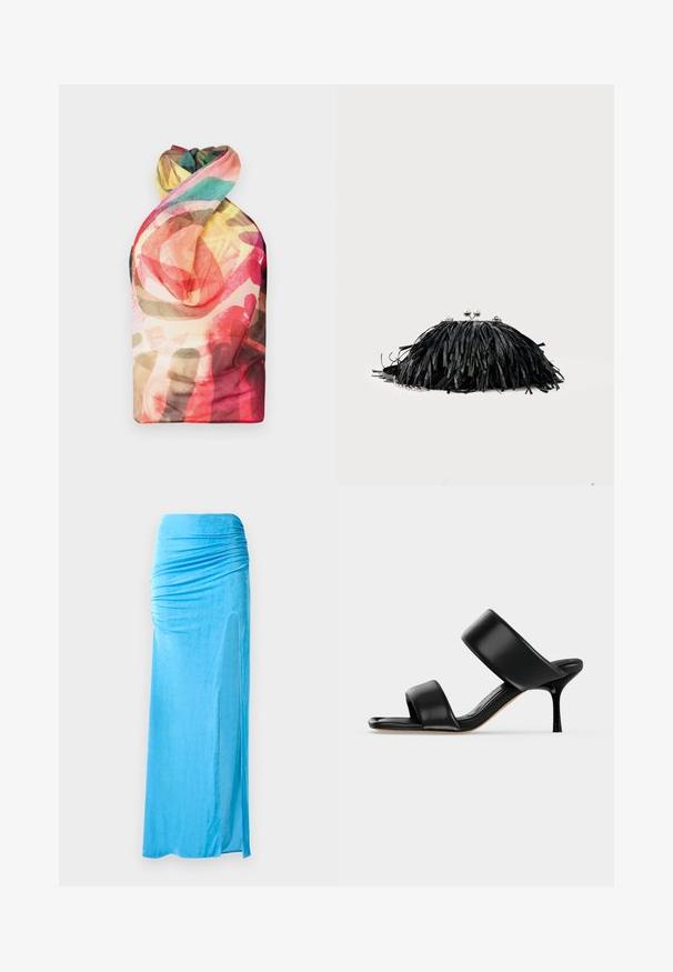 Paolina Russo WRAPPED HALTER - Top - acid brown; Blaue Velours-Maxiröhre mit gerafften Details an der Taille, seitlichem Schlitz und glatter Textur für eine fließende Silhouette.; Schwarze Leder-Mule-Sandale mit zwei breiten Riemen und einem schlanken, mittelhohen Stilettoabsatz auf einem schlichten hellen Hintergrund.; Schwarze Clutch mit Fransen, silbernem Verschluss und Kettenriemen vor schlichtem, hellem Hintergrund.