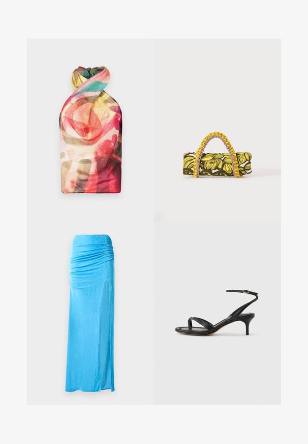 Paolina Russo WRAPPED HALTER - Top - acid brown; Modrá velúrová maxi sukňa s nariasením v oblasti pásu, s bočným rozparkom a hladkou textúrou pre plynulý siluetu.; Čierne kožené sandále pre ženy s tenkými remienkami, očkom na palec, prackou na členku a stredne vysokým ihličkovým podpätkom na neutrálom pozadí.; Obdĺžna taška so žltým a čiernym kvetinovým vzorom a pletenou žlto-ružovou rukoväťou na bielom pozadí.