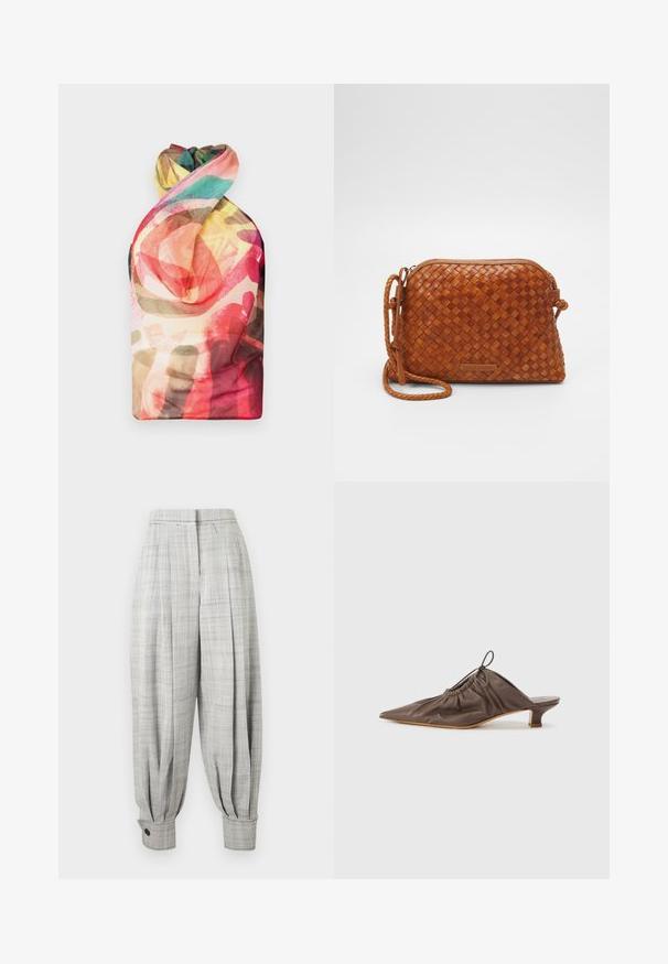 Paolina Russo WRAPPED HALTER - Débardeur - acid brown; Pantalon taille haute gris clair, coupe fuselée, motif écossais subtil, devant plissé et poignets à boutons à la cheville.; Mule en cuir marron avec un bout pointu, texture froncée, petit talon et un accent de cordon de serrage à l'ouverture. Fini lisse.; Sac en cuir tressé marron en bandoulière avec une fermeture éclair, de forme arrondie et une poignée tressée. Il présente une petite plaque logo rectangulaire.
