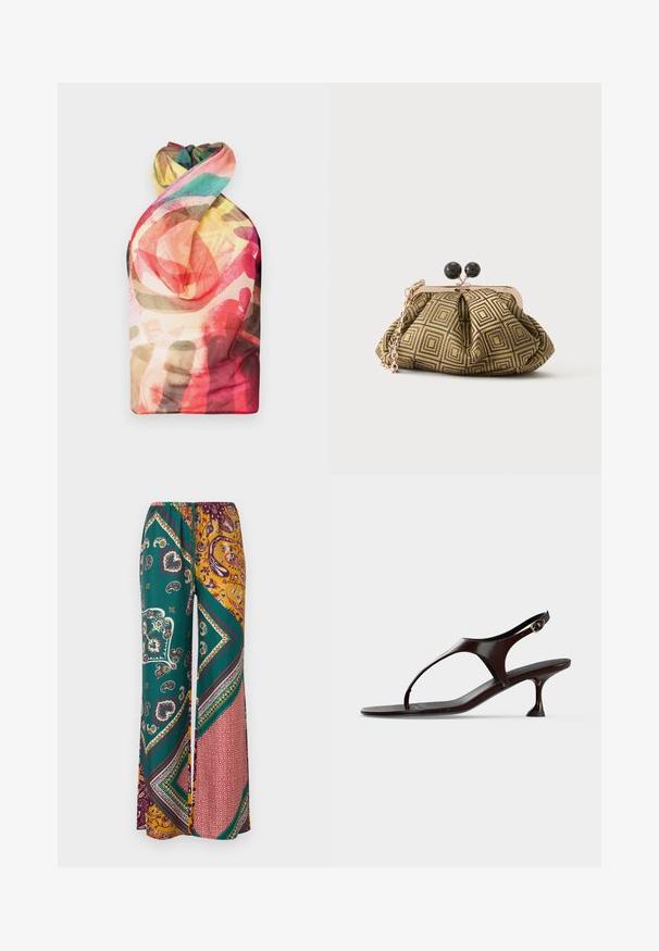 Paolina Russo WRAPPED HALTER - Débardeur - acid brown; Pantalon large ample avec un imprimé patchwork paisley et géométrique en vert, moutarde, bordeaux et rouge, doté d'une taille élastique et d'un cordon de serrage.; Sandale slingback en cuir verni marron foncé avec petit talon et bride entre les orteils sur fond blanc.; Petite pochette avec motif géométrique doré et noir, cadre en métal doré, fermeture à boule noire et une courte chaîne dorée.