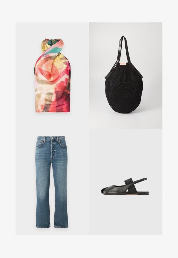 Paolina Russo WRAPPED HALTER - Top - acid brown; Lichtblauwe denim jeans met een hoge taille, recht gesneden pijpen en subtiele vervaging. Kenmerken zijn klassieke vijf-pocket styling en een metalen knoopsluiting.; Zwart leren open-toe slingback platte schoen met elastische band over de wreef, in profiel weergegeven op een effen witte achtergrond.; Zwarte geweven tas met een ovale vorm, voorzien van gladde handvatten en een gestructureerd netachtig ontwerp. Etiket zichtbaar aan de zijkant.