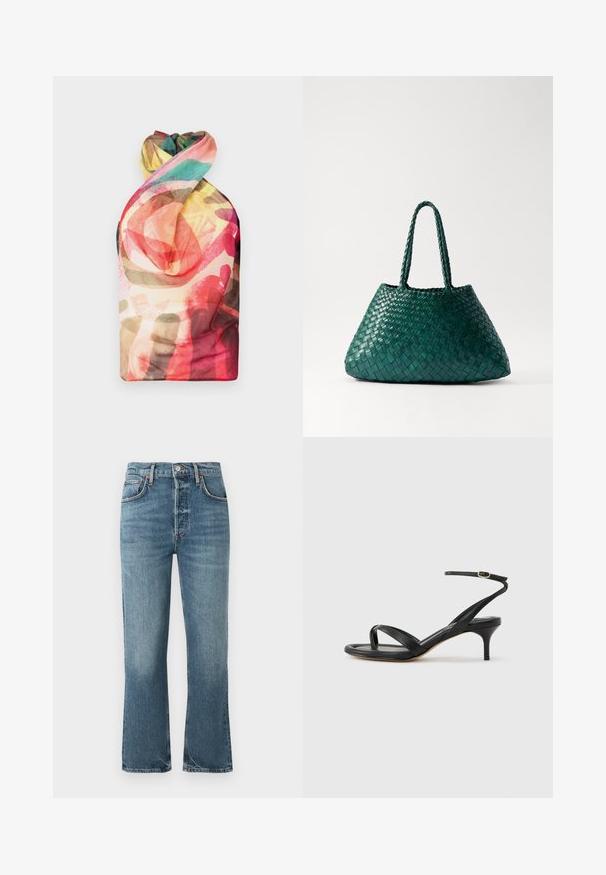 Paolina Russo WRAPPED HALTER - Top - acid brown; Svetlomodré džíny z denimu s vysokým pásom, rovnými nohavicami a jemným obnosom. Obsahujú klasický dizajn s piatimi vreckami a kovové zapínanie na gombík.; Čierne kožené sandále pre ženy s tenkými remienkami, očkom na palec, prackou na členku a stredne vysokým ihličkovým podpätkom na neutrálom pozadí.; DRAGON DIFFUSION SANTA CROCE BIG - Kabelka - forest