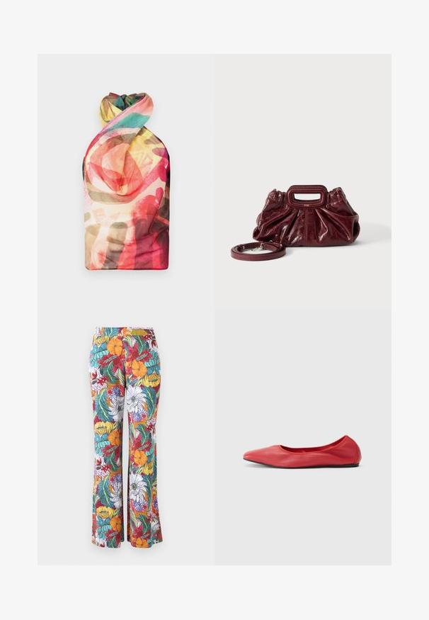 Paolina Russo WRAPPED HALTER - Débardeur - acid brown; Pantalon évasé avec un motif floral multicolore, présentant des fleurs orange, violet et teal ainsi que des feuilles vertes sur un fond blanc.; Filippa K REY FLATS - Ballerines - bright red; Petit sac à main en cuir rouge foncé avec texture froncée, poignée rectangulaire découpée pour la main et bandoulière détachable sur fond blanc.