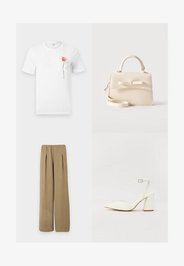 T-shirt blanc à manches courtes avec une seule rose rose et un nœud blanc noué autour de sa tige sur le côté gauche de la poitrine.; Pantalon beige taille haute à jambes larges avec plis et tissu texturé, présenté sur un fond blanc.; Sandale blanche à talon avec un bout pointu, sangle de cheville réglable et un talon carré épais. Texture lisse avec des détails de couture minimaux.; Petit sac à main beige avec poignée supérieure, bandoulière amovible, rabat avant et nœud horizontal décoratif sur un fond uni.