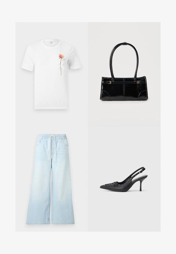 T-shirt blanc à manches courtes avec une seule rose rose et un nœud blanc noué autour de sa tige sur le côté gauche de la poitrine.; Pantalon en jean bleu clair à jambes larges avec taille élastique et cordon blanc, doté de poches avant et d’un léger effet délavé.; Escarpin en cuir noir à talon aiguille avec un bout pointu, une bride latérale à boucle, des clous le long du bord et un laçage décoratif à l'avant.; Sac à main rectangulaire noir brillant avec deux fines bretelles et petits détails de boucles dorées à l'avant.