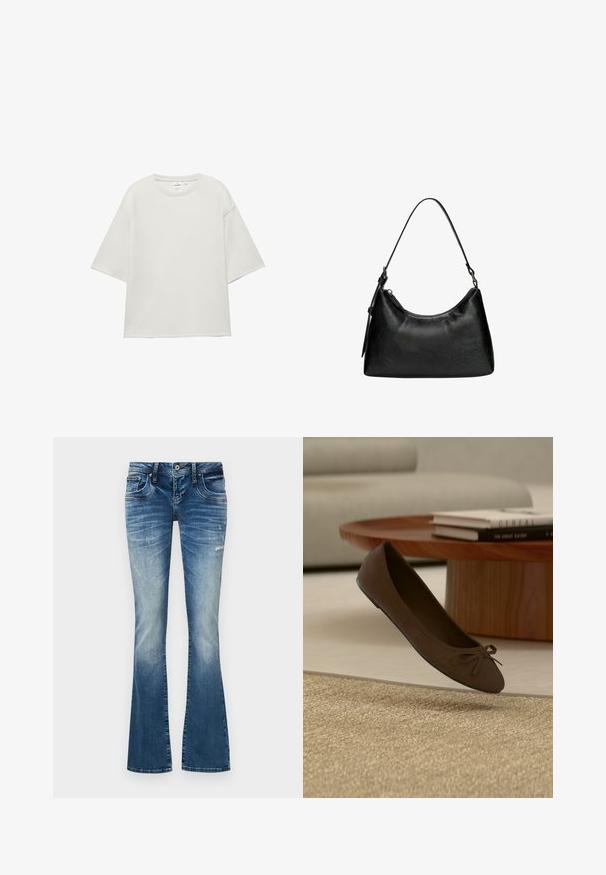 Oversized effen wit T-shirt met korte mouwen, ronde hals en verlaagde schoudernaden, getoond tegen een witte achtergrond.; Blauwe denim flare jeans met vervaagde en versleten details, met een sluiting van knoop en ritssluiting aan de voorkant, en een vijf-pocket ontwerp.; Bruine suède ballerina met een klein strikje op de teen, geplaatst bij een houten ronde salontafel met boeken erop, op een beige tapijt.; Zwarte synthetische leren handtas met een gebogen vorm, korte handgreep, ritssluiting en een subtiel textuurpatroon op het oppervlak.
