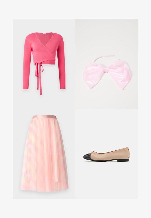 Rosa geripptes Strick-Wrap-Top mit langen Ärmeln, V-Ausschnitt und einer Schleife in der Taille. Es verfügt über einen strukturierten Stoff für zusätzliche Details.; Ida Sjöstedt FLAWLESS SKIRT - A-Linien-Rock - pink; Balletschuhe mit einem beigefarbenen Satin-Obermaterial, einer schwarzen Lackleder-Zehenkappe, einer kleinen Schleifenverzierung an der Vorderseite und einem niedrigen schwarzen Absatz.; Rosa, glänzendes Haaraccessoire in Form einer großen Schleife, mit glatter Textur und einem dünnen Riemen zum Befestigen.