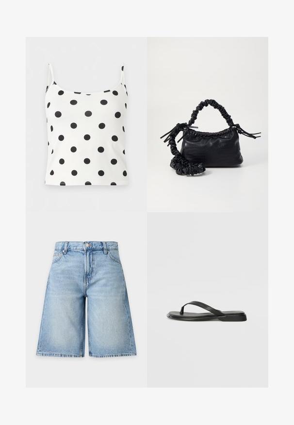 Λευκό crop top με λεπτές τιράντες και ομοιόμορφα κατανεμημένες μαύρες πουά.; Ανοιχτό μπλε τζιν σορτς με μπροστινό κουμπί και φερμουάρ, θηλιές για ζώνη και πλαϊνές τσέπες, εμφανίζεται σε απλό φόντο.; Μαύρο σχέδιο σαγιονάρας από λείο δέρμα, με λεπτό σχέδιο ιμάντα και επίπεδη σόλα με μίνιμαλ προφίλ. Χωρίς αξιοσημείωτα σχέδια ή αξεσουάρ.; Μαύρη τσάντα από faux δέρμα με υφή κροκοδείλου, κλειστή στο επάνω μέρος και με ρυτιδωμένο λουρί. Φαίνεται μαλακή και συμπαγής στο σχέδιο.