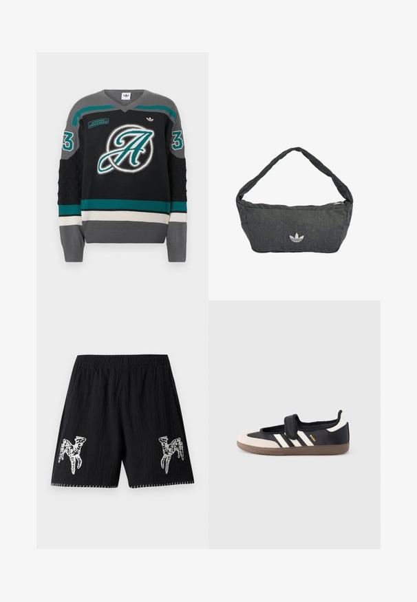 Suéter de punto negro con cuello en V, rayas diagonales en color teal y gris, gran logo en forma de letra "A" y borde contrastante con rayas. Talla 3.; Pantalones cortos negros con tejido texturizado; presenta un diseño bordado en blanco en ambas piernas y costuras en contraste a lo largo del dobladillo. Cintura elástica.; Zapatilla negra y beige con una correa de velcro, tres rayas blancas en el lateral y una suela de goma marrón texturizada. Logotipo de la marca visible.; Bolso de hombro gris oscuro hecho de tejido texturizado, con cierre de cremallera y un logo bordado en el frente. Correa larga y curva.