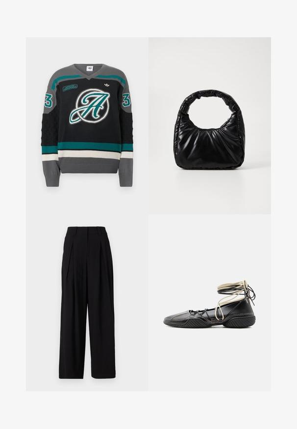 Suéter de punto negro con cuello en V, rayas diagonales en color teal y gris, gran logo en forma de letra "A" y borde contrastante con rayas. Talla 3.; Pantalones de pierna ancha negros, hechos de una tela suave, con una cinturilla alta, pliegues en la parte delantera y una silueta fluida.; Zapato plano negro de cuero con suela texturizada y cordones beige y negros que rodean el tobillo, visto de lado sobre un fondo liso.; Bolso negro acolchado con un asa redondeada, que presenta una superficie lisa y brillante y una textura suave y acolchada. Sin herrajes ni acentos visibles.